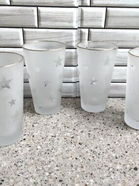 New Set of 4 Stars Pattern Gold Rim Frosted Glasses (C)